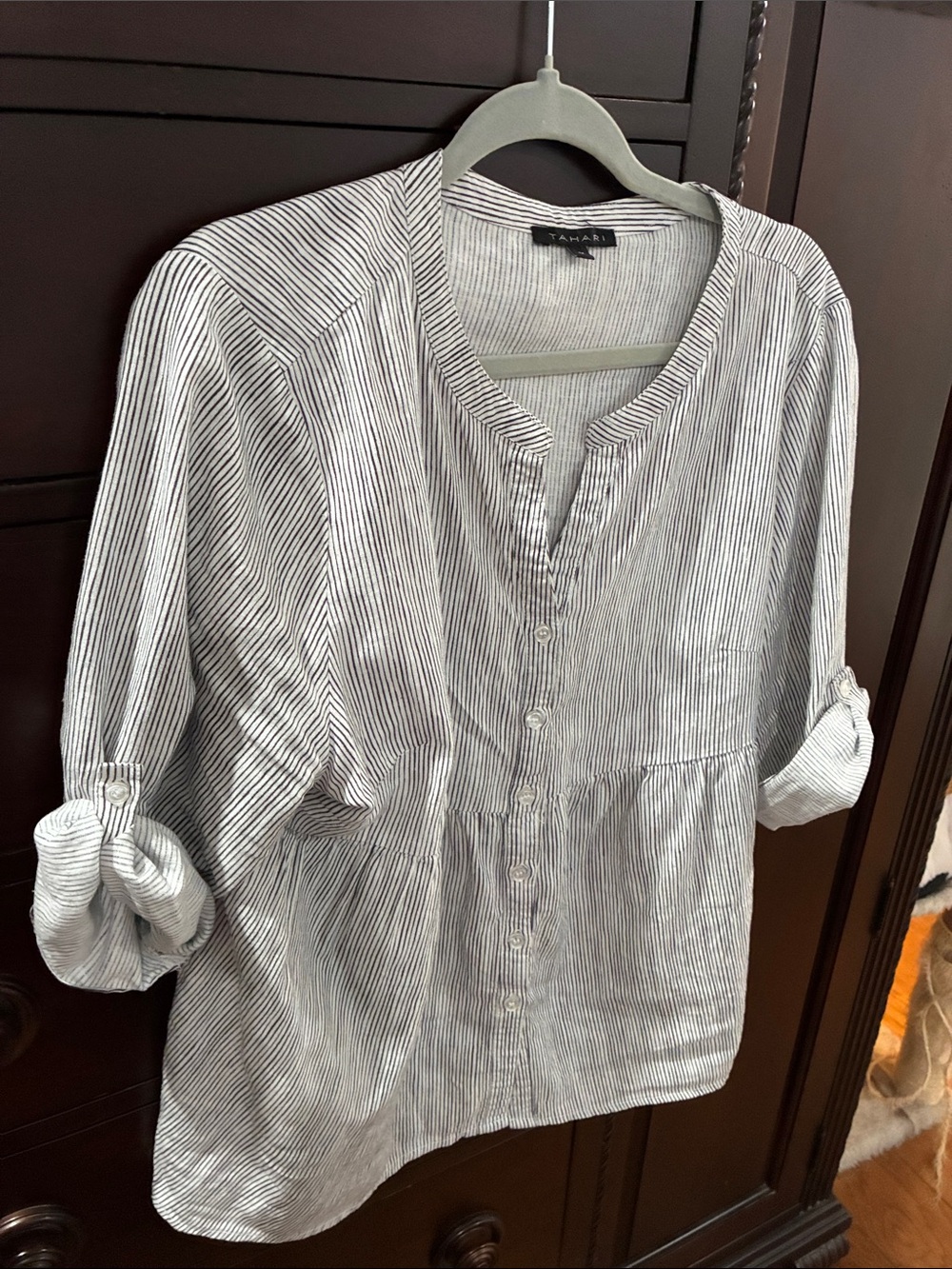 Tahari White and Navy Striped Button-Front Tunic Blouse